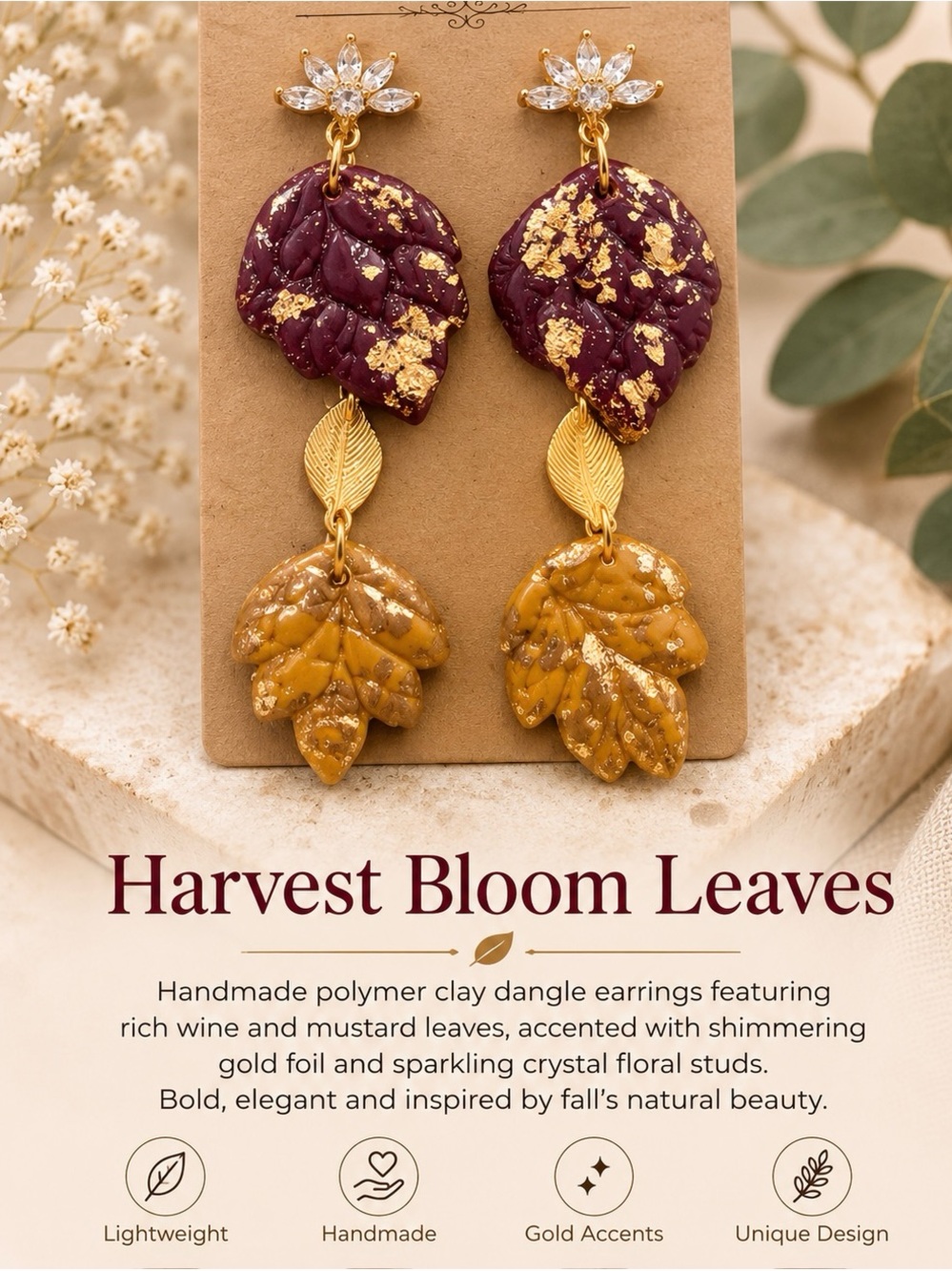 Harvest Bloom Leaves Wine and Mustard Dangle Earrings